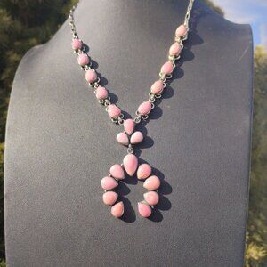Southwest Native Sterling Silver Pink Conch Shell Naja Squash Blossom Necklace